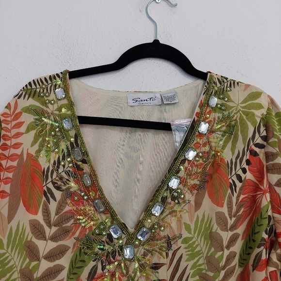 Santé Womens Fall Leaves Print Jeweled V-Neck Tunic Top Plus Size 2X Long Sleeve - Picture 3 of 10